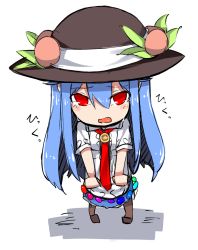 Rule 34 | 1girl, blue hair, boots, brown footwear, chibi, clenched hands, food, fruit, full body, hat, hinanawi tenshi, long hair, looking at viewer, neck ribbon, neropaso, open mouth, peach, red eyes, ribbon, short sleeves, simple background, skirt, solo, tears, touhou, very long hair, white background