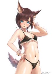 Rule 34 | 1girl, animal ear fluff, animal ears, arm up, bikini, black bikini, blue eyes, bracelet, breasts, brown hair, closed mouth, commentary request, cowboy shot, frilled bikini, frills, fur trim, hair tie, hand in own hair, hand on own hip, hanekura bou, jewelry, long hair, looking at viewer, low twintails, navel, original, red ribbon, revision, ribbon, simple background, small breasts, solo, standing, stomach, swimsuit, tail, twintails, twitter username, white background