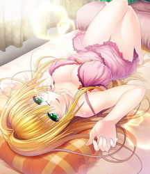 Rule 34 | 1girl, arm up, bed, bed sheet, blonde hair, blush, breasts, cleavage, collarbone, curtains, feet, glasses, green eyes, legs, long hair, nightgown, open mouth, pillow, sleepwear, solo, tearju lunatique, thigh gap, thighs, to love-ru, very long hair