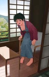 Rule 34 | 1girl, bath yukata, bathroom, black eyes, black hair, breasts, commentary request, couch, full body, highres, houndstooth, indoors, japanese clothes, kantai collection, kimono, leaning forward, looking at viewer, mogami (kancolle), no bra, open mouth, short hair, small breasts, smile, solo, standing, swept bangs, table, tooku nomura (artist), window, wooden floor, yukata
