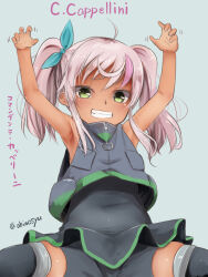 Rule 34 | 1girl, ahoge, akino shuu, armpits, black shorts, black thighhighs, black vest, blush, character name, comandante cappellini (kancolle), commentary request, dark-skinned female, dark skin, green eyes, grin, kantai collection, long hair, looking at viewer, multicolored hair, pink hair, shorts, smile, solo, streaked hair, thighhighs, twintails, twitter username, vest