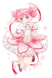 Rule 34 | 1girl, ayumaru (art of life), blush, bubble skirt, closed mouth, collarbone, dot nose, flat chest, floating, frilled skirt, frills, full body, gloves, hair ribbon, happy, heart, heart hands, highres, kaname madoka, knees together feet apart, looking at viewer, mahou shoujo madoka magica, mahou shoujo madoka magica (anime), own hands together, pink eyes, pink hair, pink ribbon, puffy short sleeves, puffy sleeves, red footwear, ribbon, shiny skin, short sleeves, short twintails, simple background, skirt, smile, solo, soul gem, sparkle, sparkle background, thighs, thread, twintails, white background, white gloves, white skirt