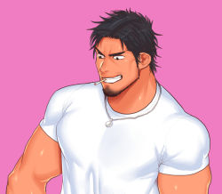 Rule 34 | 1boy, bad id, bad pixiv id, bara, beard, black eyes, black hair, cigarette, close-up, facial hair, jewelry, kuromine hiraya, large pectorals, long sideburns, male focus, manly, mature male, muscular, muscular male, necklace, original, pectorals, shirt, sideburns, smile, solo, spiked hair, stubble, t-shirt, thick arms, thick eyebrows, tight clothes, upper body