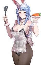 Rule 34 | 1girl, animal ears, apron, black leotard, blue hair, bow (bhp), braid, breasts, brown pantyhose, carrot, cleavage, closed mouth, commentary request, highleg, highleg leotard, holding, holding spatula, hololive, large breasts, leotard, long hair, looking at viewer, mature female, mature female, orange eyes, pantyhose, pekomama, playboy bunny, rabbit ears, rabbit girl, rabbit tail, short eyebrows, sidelocks, simple background, smile, solo, spatula, standing, tail, thick eyebrows, virtual youtuber, white apron, white background