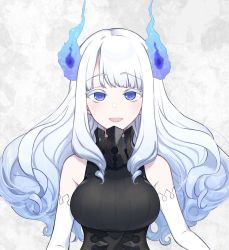 Rule 34 | 1girl, :d, bare shoulders, blue eyes, blue fire, blue hair, blush, breasts, elbow gloves, fire, gloves, highres, indie virtual youtuber, large breasts, long hair, looking at viewer, open mouth, pochi (pochi-goya), smile, solo, upper body, virtual youtuber, white gloves, yukimaru kyuu