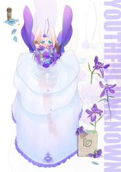 Rule 34 | 1girl, bare legs, barefoot, blue eyes, blush, bouquet, bracelet, dress, flower, flower request, full body, hair flower, hair ornament, hands in hair, highres, jewelry, kaede (shijie heping), leaning back, multiple straps, original, petals, purple hair, see-through, see-through dress, smile, solo, strap, thigh gap, upside-down