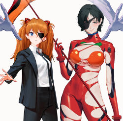 Rule 34 | 2girls, absurdres, age difference, black hair, black jacket, black necktie, blue eyes, blush, bodysuit, breasts, chainsaw man, collared shirt, cosplay, evangelion: 3.0+1.0 thrice upon a time, eyepatch, formal, ghost hands, green eyes, hair between eyes, hair ornament, highres, himeno (chainsaw man), himeno (chainsaw man) (cosplay), holding, jacket, large breasts, long hair, looking at viewer, multicolored bodysuit, multicolored clothes, multiple girls, necktie, neon genesis evangelion, orange bodysuit, orange hair, plugsuit, rebuild of evangelion, red bodysuit, shirt, shirt tucked in, short hair, simple background, small breasts, smile, souryuu asuka langley, souryuu asuka langley (cosplay), suit, white shirt, wonbin lee
