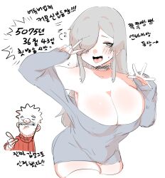Rule 34 | 1girl, armpits, breasts, choker, cleavage, facial hair, gimmogu, highres, large breasts, mustache, old, old man, original, pale skin, red sweater, stubble, sweater, thighhighs, v, white eyes, white hair