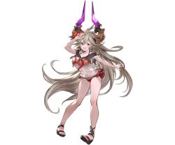Rule 34 | 1girl, :d, ahoge, alpha transparency, arm up, bikini, bikini under clothes, blush, breasts, cleavage, collarbone, draph, flower, full body, granblue fantasy, grey hair, hair between eyes, hair flower, hair ornament, halterneck, hibiscus, horns, large breasts, long hair, looking at viewer, minaba hideo, official art, open mouth, pointy ears, purple hair, red bikini, red eyes, sailor collar, sandals, see-through, smile, solo, swimsuit, threo (eternal&#039;s summer vacation) (granblue fantasy), threo (granblue fantasy), transparent background, very long hair