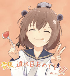 Rule 34 | 1girl, bad id, bad pixiv id, blue sailor collar, blush, brown hair, closed mouth, dress, flower, food, fork, fruit, grey neckerchief, hair between eyes, hair flower, hair ornament, highres, holding, holding fork, kantai collection, long sleeves, ludens (inonaka koubou), neckerchief, orange background, pink flower, sailor collar, sailor dress, short hair, smile, solo, strawberry, tongue, tongue out, twitter username, upper body, v, white dress, yukikaze (kancolle), yukikaze kai ni (kancolle)