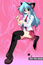 Rule 34 | 1girl, animal ears, applying manicure, black thighhighs, blue eyes, blue hair, cat ears, cat tail, dated, emily (pure dream), full body, glasses, halftone, long hair, nail polish, painting nails, school uniform, serafuku, shirt, shoes, skirt, solo, source request, tail, thighhighs, zettai ryouiki