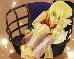 Rule 34 | 1boy, bangle, barefoot, blonde hair, blue eyes, bracelet, closed mouth, commentary request, detached sleeves, feet, fox, full body, hair between eyes, jewelry, koshou (maayan), looking at viewer, male focus, pants, pet bed, professor (ragnarok online), ragnarok online, red shirt, shirt, short hair, sleeveless, sleeveless shirt, smile, solo, striped sleeves, white pants, white sleeves, yellow sleeves