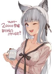 Rule 34 | 1girl, absurdres, animal ears, blue eyes, breasts, cleavage, collarbone, cup, milestone celebration, granblue fantasy, hair ribbon, hana mori, highres, korwa, long hair, looking at viewer, medium breasts, mug, one eye closed, open mouth, ribbon, silver hair, simple background, smile, solo, sweater, upper body, white background
