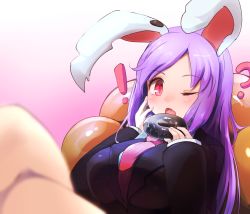 Rule 34 | !, 1girl, ?, animal ears, blazer, blurry, blush, breasts, cookie (touhou), depth of field, doughnut, food, gradient background, highres, hisui (cookie), jacket, large breasts, long hair, necktie, onakon 3-nichi-me, open mouth, pon de ring, purple hair, rabbit ears, red eyes, red necktie, reisen udongein inaba, solo, touhou