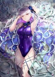 Rule 34 | 1girl, absurdres, arms up, blue hair, body markings, bracelet, breasts, closed mouth, colored inner hair, covered navel, earrings, fate/grand order, fate (series), flower, gradient hair, hair flower, hair ornament, highres, jewelry, kama (fate), kama (swimsuit avenger) (third ascension) (fate), legs, long hair, looking at viewer, lying, medium breasts, multicolored hair, on back, one-piece swimsuit, petals, pink hair, purple hair, purple one-piece swimsuit, red eyes, solo, swimsuit, thighs, very long hair, water, wet, wet clothes, wet hair, wet swimsuit, white hair, yuki haru