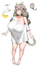 Rule 34 | 1girl, :3, ahoge, banana, barefoot, blush, breasts, bright pupils, cleavage, collarbone, eye mask, feet, food, fruit, full body, grey hair, grey tail, half-closed eyes, heart, height, highres, huge breasts, indie virtual youtuber, long hair, looking at viewer, low-tied long hair, mask, mask on head, messy hair, monkey, monkey tail, object behind ear, off shoulder, original, oversized clothes, oversized shirt, pen, red eyes, saru (monkey magic3), saruko (vtuber), shirt, simple background, single bare shoulder, solo, standing, swirl, t-shirt, tail, thighs, toes, translation request, twintails, venus symbol, virtual youtuber, white background, white pupils, white shirt