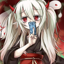 Rule 34 | 1girl, colored eyelashes, covering own mouth, duel monster, ghost ogre &amp; snow rabbit, horns, japanese clothes, long hair, looking at viewer, obi, pointy ears, red eyes, sash, shintani tsushiya, spell card, twintails, white hair, yu-gi-oh!, yuki usagi (yuu-gi-ou)