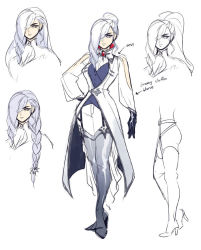 Rule 34 | 1girl, alternate hairstyle, boots, character sheet, concept art, ein lee, female focus, gloves, hair over one eye, high heel boots, high heels, multiple views, official art, partially colored, rwby, thigh boots, thighhighs, white background, white hair, winter schnee