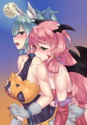 Rule 34 | 10s, 2girls, akashi (kancolle), bare shoulders, biting, blood, blush, grabbing another&#039;s breast, breast press, breasts, brown eyes, commentary request, covered erect nipples, demon wings, earrings, grabbing, grabbing from behind, green eyes, halloween, head wings, highres, jewelry, kantai collection, large breasts, long hair, mizuumi (bb), moon, multiple girls, neck biting, ponytail, revision, very long hair, wings, yuri, yuubari (kancolle)