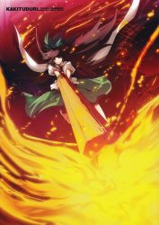 Rule 34 | 1girl, absurdres, arm cannon, brown hair, cape, fire, floating hair, green ribbon, green skirt, grin, hair ribbon, half-closed eyes, highres, long hair, long skirt, outstretched arms, puffy short sleeves, puffy sleeves, pyrokinesis, reiuji utsuho, ribbon, scan, short sleeves, skirt, smile, smirk, solo, tokiame, touhou, v arms, very long hair, weapon, wings