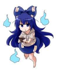 Rule 34 | 1girl, bangle, bare legs, barefoot, blue bow, blue eyes, blue hair, blue skirt, bow, bowl, bracelet, chibi, commentary request, damaged, debt, full body, grey hoodie, hair bow, holding, holding bowl, hood, hoodie, jewelry, kousei (public planet), long hair, miniskirt, simple background, skirt, touhou, very long hair, white background, yorigami shion