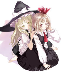 Rule 34 | 2girls, apron, ascot, blonde hair, bow, embodiment of scarlet devil, female focus, hair bow, hair ornament, hair ribbon, hand on another&#039;s cheek, hand on another&#039;s face, hand on shoulder, hat, highres, katsuhiro, kirisame marisa, long hair, multiple girls, red eyes, ribbon, rumia, short hair, skirt, smile, touhou, witch, witch hat, yellow eyes