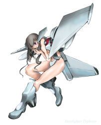 Rule 34 | 1girl, aircraft, airplane, brown hair, canards, eurofighter typhoon, female focus, full body, head wings, jet, long hair, mecha musume, military, nano (nanosize), original, personification, simple background, solo, white background, wings