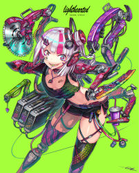 Rule 34 | 1girl, :d, mismatched irises, breasts, cable, candy, circular saw, colored inner hair, commentary request, cup, cyborg, drinking straw, extra arms, food, gia, grey background, headphones, highres, knife, lollipop, looking at viewer, midriff, multicolored hair, open mouth, original, pink hair, piston, prosthesis, prosthetic arm, prosthetic leg, saw, short shorts, shorts, signature, small breasts, smile, solo, streaked hair, thighhighs, w, white hair