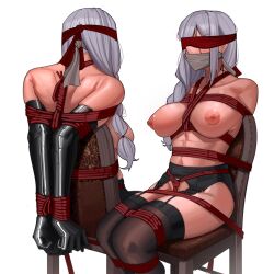 Rule 34 | 1girl, absurdres, bdsm, blindfold, bondage, bottomless, bound, breasts, chair, cleave gag, cloth gag, crotch rope, elbow gloves, gag, gagged, garter belt, garter straps, gloves, harris hero, highres, improvised gag, large breasts, multiple views, nipples, original, pussy, restrained, shibari, sitting, solo, thighhighs, topless, yuri crimson
