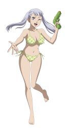 Rule 34 | 1girl, barefoot, bikini, black clover, breasts, feet, grey hair, gun, highres, holding, holding gun, holding weapon, large breasts, leozurcxxx, looking at viewer, noelle silva, one eye closed, purple eyes, smile, swimsuit, transparent background, twintails, water gun, weapon, wink