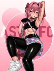 Rule 34 | 1boy, armpits, astolfo (fate), black gloves, black legwear, black pants, bow, braid, character name, crop top, fate/apocrypha, fate (series), fingerless gloves, gloves, hair bow, highres, invisible chair, kevbot, latex, leggings, long hair, male focus, miniskirt, navel, pants, pink hair, purple eyes, red bow, shiny, shiny clothes, shoe, single braid, sitting, skirt, solo, sports bra, tongue, tongue out, trap, white footwear