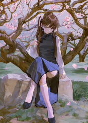Rule 34 | 1girl, absurdres, blue dress, blue footwear, breasts, brown eyes, brown hair, china dress, chinese clothes, closed mouth, crossed legs, dress, earrings, eyeball bracelet girl (fkey), fkey, flower, hair ribbon, highres, jewelry, long hair, long sleeves, looking at viewer, mole, mole under eye, original, outdoors, pink flower, ribbon, side slit, small breasts, socks, solo, two side up, white ribbon, white socks, wide sleeves, yin yang, yin yang earrings