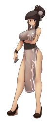 Rule 34 | 1girl, absurdres, arm under breasts, bare shoulders, black footwear, blunt bangs, breast lift, breasts, china dress, chinese clothes, closed mouth, dress, expressionless, fizintine, full body, hair bun, high heels, highres, large breasts, looking at viewer, original, shikoke (fizintine), short hair, sidelocks, simple background, single hair bun, sleeveless, solo, stitched face, stitches, tall female, tan