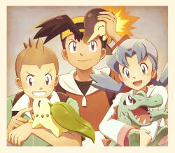 Rule 34 | 1girl, 2boys, arm up, brown eyes, brown hair, chikorita, closed mouth, commentary request, creatures (company), cyndaquil, fire, game freak, gen 2 pokemon, grey headwear, grin, hat, highres, jacket, jimmy (pokemon), k-n, long hair, long sleeves, marina (pokemon), multiple boys, nintendo, pokemon, pokemon (anime), pokemon (classic anime), pokemon (creature), shirt, short hair, smile, starter pokemon trio, teeth, totodile, twintails, upper body, vincent (pokemon), white jacket