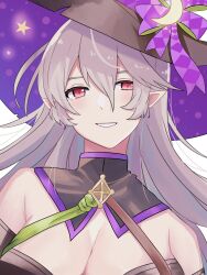 Rule 34 | 1girl, bare shoulders, black dress, breasts, cleavage, corrin (female) (fire emblem), corrin (female) (halloween) (fire emblem), corrin (fire emblem), crossed belts, dress, earrings, fire emblem, fire emblem fates, fire emblem heroes, grey hair, grin, halloween, halloween costume, hat, highres, jewelry, large breasts, long hair, looking at viewer, n 54, nintendo, off-shoulder dress, off shoulder, official alternate costume, pointy ears, red eyes, simple background, smile, solo, upper body, white background, witch, witch hat