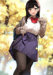 Rule 34 | 1girl, bag, black hair, blush, bow, bowtie, brown eyes, cardigan, collared shirt, feet out of frame, ginkgo tree, ginkgo leaf, leaf, long hair, looking at viewer, nishizawa, open cardigan, open clothes, open mouth, original, outdoors, pantyhose, pleated skirt, red bow, red bowtie, school bag, shirt, skirt, sleeves past wrists, smile, solo, tights day, tree