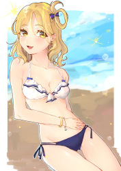 Rule 34 | 1girl, arm up, artist name, artist request, bare arms, bare legs, bikini, bikini top only, blonde hair, blue sky, blurry, blurry background, blush, bow, braid, breasts, cleavage, cloud, collarbone, crown braid, female focus, frilled bikini, frilled bikini top, frills, gradient background, hair rings, hand on own hip, highres, large breasts, looking at viewer, love live!, love live! school idol festival, love live! sunshine!!, medium hair, mirai ticket, navel, ohara mari, one eye closed, open mouth, purple bikini, short hair, side-tie bikini bottom, sky, smile, solo, sparkle, striped, striped bow, swimsuit, thighs, yellow eyes