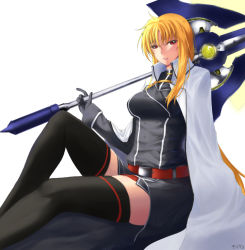 Rule 34 | 00s, 1girl, artist request, bardiche (nanoha), bardiche (riot zanber ii) (nanoha), black thighhighs, blonde hair, breasts, cape, coat, fate testarossa, fate testarossa (impulse form), gloves, long hair, looking at viewer, lyrical nanoha, magical girl, mahou senki lyrical nanoha force, mahou shoujo lyrical nanoha, mochidayo (lovefate999), red eyes, solo, sword, thighhighs, thighs, weapon, white background, zettai ryouiki