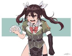 Rule 34 | &gt;:o, 10s, 1girl, :o, bad id, bad twitter id, blue background, bow, bowtie, brown eyes, brown hair, clenched hand, commentary request, cowboy shot, crying, crying with eyes open, elbow gloves, gloves, hair ribbon, highres, ice pack, kantai collection, long hair, pelvic curtain, ribbon, signature, single glove, solo, tears, tone (kancolle), tone kai ni (kancolle), torunadopoteto, twintails, two-tone background, v-shaped eyebrows, white background