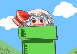 Rule 34 | 1girl, blue hair, blush, bow, crossover, day, embarrassed, fang, gaoo (frpjx283), hat, mario (series), mob cap, nintendo, open mouth, red eyes, remilia scarlet, short hair, sky, solo, touhou, warp pipe