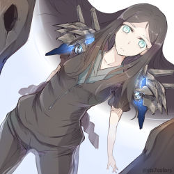 Rule 34 | 10s, 1girl, abyssal ship, black hair, blue eyes, dutch angle, glowing, glowing eyes, kantai collection, long hair, pants, ru-class battleship, short sleeves, solo, sts, white background
