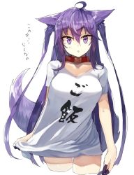 Rule 34 | 1girl, ahoge, animal ears, bad id, bad twitter id, breasts, clothes writing, collar, collarbone, commentary request, cowboy shot, cropped legs, fingernails, hair between eyes, highres, large breasts, long hair, looking at viewer, nail polish, no pants, original, parted lips, purple eyes, purple hair, purple nails, red collar, sharp fingernails, shirt, shirt tug, short sleeves, simple background, solo, standing, suminagashi, tail, thighs, translation request, very long hair, white background, white shirt, wolf ears, wolf tail