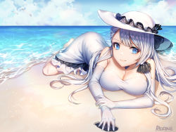 Rule 34 | 1girl, artist name, ass, azur lane, bare shoulders, beach, blue eyes, breasts, cleavage, cloud, cloudy sky, dress, elbow gloves, gloves, hair ribbon, hat, illustrious (azur lane), lace-trimmed headwear, lace trim, large breasts, long hair, looking at viewer, lying, on stomach, ribbon, roang, sand, sky, sleeveless, sleeveless dress, solo, strapless, strapless dress, sun hat, thighhighs, water, white dress, white gloves, white hair, white hat, white thighhighs