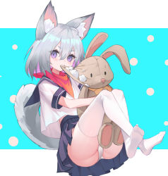 Rule 34 | 1girl, absurdres, animal ear fluff, animal ears, ass, biting, black sailor collar, black skirt, blue background, cat ears, cat girl, cat tail, commentary request, copyright request, crossed legs, full body, grey hair, highres, iranon (new iranon), looking at viewer, multicolored hair, no shoes, panties, pleated skirt, purple eyes, purple hair, rabbit, sailor collar, school uniform, serafuku, shirt, short eyebrows, short sleeves, skirt, soles, solo, stuffed animal, stuffed rabbit, stuffed toy, stuffing, tail, thick eyebrows, thighhighs, two-tone background, two-tone hair, underwear, v-shaped eyebrows, white background, white panties, white shirt, white thighhighs