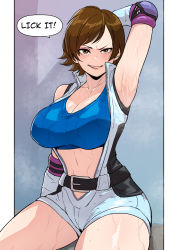 Rule 34 | 1girl, absurdres, arm up, armpit focus, armpits, arms up, breasts, brown hair, cirenk, cleavage, english text, femdom, highres, kazama asuka, large breasts, looking at viewer, short hair, speech bubble, sports bra, sweat, tekken