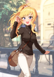 Rule 34 | 10s, 1girl, bad id, bad pixiv id, bag, between breasts, black sweater, blonde hair, blue eyes, bra visible through clothes, breasts, hair ornament, highres, idolmaster, idolmaster cinderella girls, jewelry, long hair, long sleeves, looking at viewer, medium breasts, necklace, ohtsuki yui, omaru gyuunyuu, open mouth, outdoors, pants, ponytail, ribbed sweater, shoulder bag, smile, solo, strap between breasts, sweater, teeth, turtleneck, turtleneck sweater, walking
