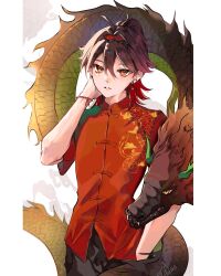 Rule 34 | 1boy, absurdres, ahoge, alternate costume, artist name, bare arms, brown eyes, brown hair, cowboy shot, dragon, earrings, eastern dragon, gaming (genshin impact), genshin impact, hair between eyes, hair intakes, hairband, hand in pocket, hand on own cheek, hand on own face, hand up, highres, jewelry, looking at viewer, male focus, medium hair, pants, parted lips, pillarboxed, pocket, shirt, short sleeves, stud earrings, tofuubuns, wristband