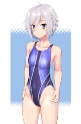 Rule 34 | 1girl, absurdres, ahoge, blue background, blue one-piece swimsuit, breasts, commentary request, competition swimsuit, cowboy shot, grey hair, hair between eyes, highres, itomi sayaka, multicolored clothes, multicolored swimsuit, one-piece swimsuit, purple eyes, short hair, small breasts, solo, standing, swimsuit, takafumi, toji no miko, two-tone background, variant set, yagasuri