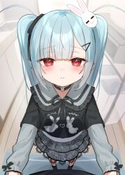 Rule 34 | 1girl, black bow, black ribbon, black shirt, black socks, blue hair, bow, closed mouth, collared shirt, commentary request, ear piercing, frilled shirt collar, frills, grey skirt, hair bow, hair ornament, hairclip, highres, indoors, kanae (tsukiman), layered skirt, layered sleeves, long sleeves, looking at viewer, neck ribbon, original, piercing, rabbit hair ornament, red eyes, ribbon, shirt, short over long sleeves, short sleeves, skirt, socks, solo, standing, tears, tsukiman, twintails, wooden floor