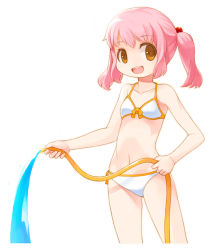 Rule 34 | 1girl, :d, bad id, bad pixiv id, bikini, brown hair, holding, hose, looking at viewer, navel, open mouth, original, pink hair, ran system, simple background, smile, solo, swimsuit, twintails, water, white background, white bikini